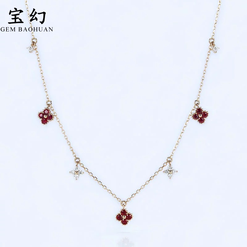 18K玫瑰金天然鸽血红宝石钻石四叶草锁骨项链 流苏颈链吊坠