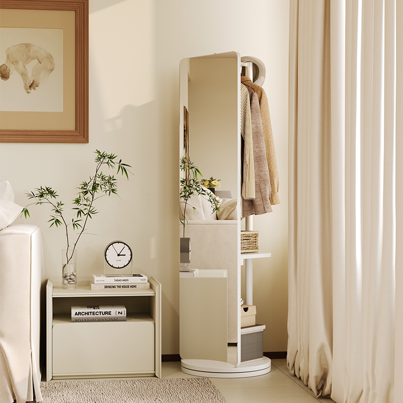 豆米宝贝实木穿衣镜全身落地镜晾衣架一体旋转移动衣帽架家用卧室