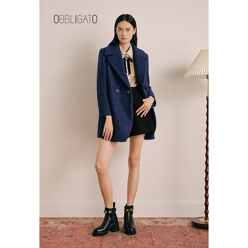 奥丽嘉朵1C33580040新款2023秋冬翻领剪裁设计马海毛大衣