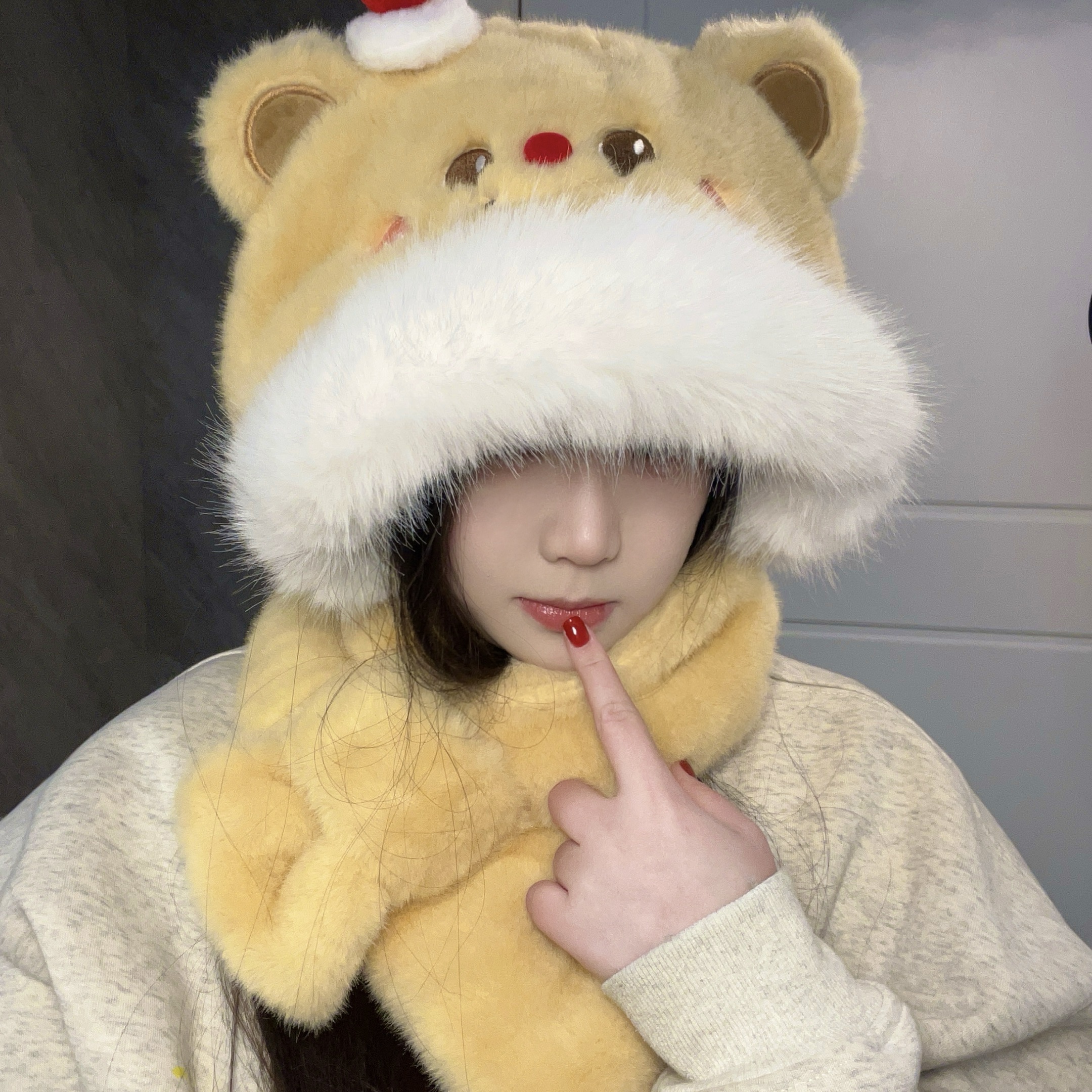 毛茸茸黄油蛋糕小熊毛绒帽子围巾一体女冬季保暖防风寒帽子女秋冬