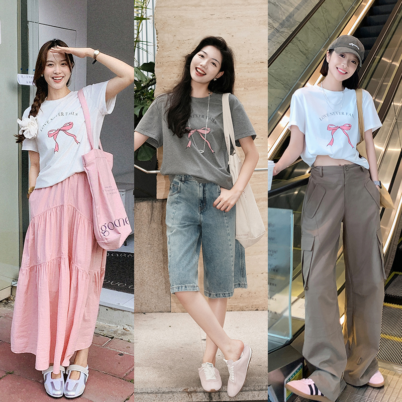 美洋MEIYANG蝴蝶结T恤螺纹拉架|甜美少女_撞色字母印花圆领短袖