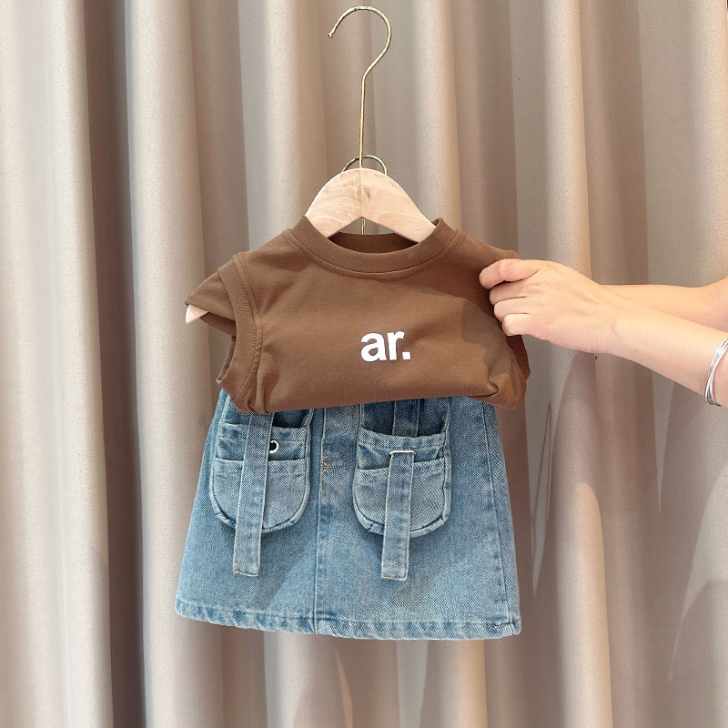 现货圆子家 夏季新款超甜酷风短袖T恤牛仔裤女宝宝套装潮8052