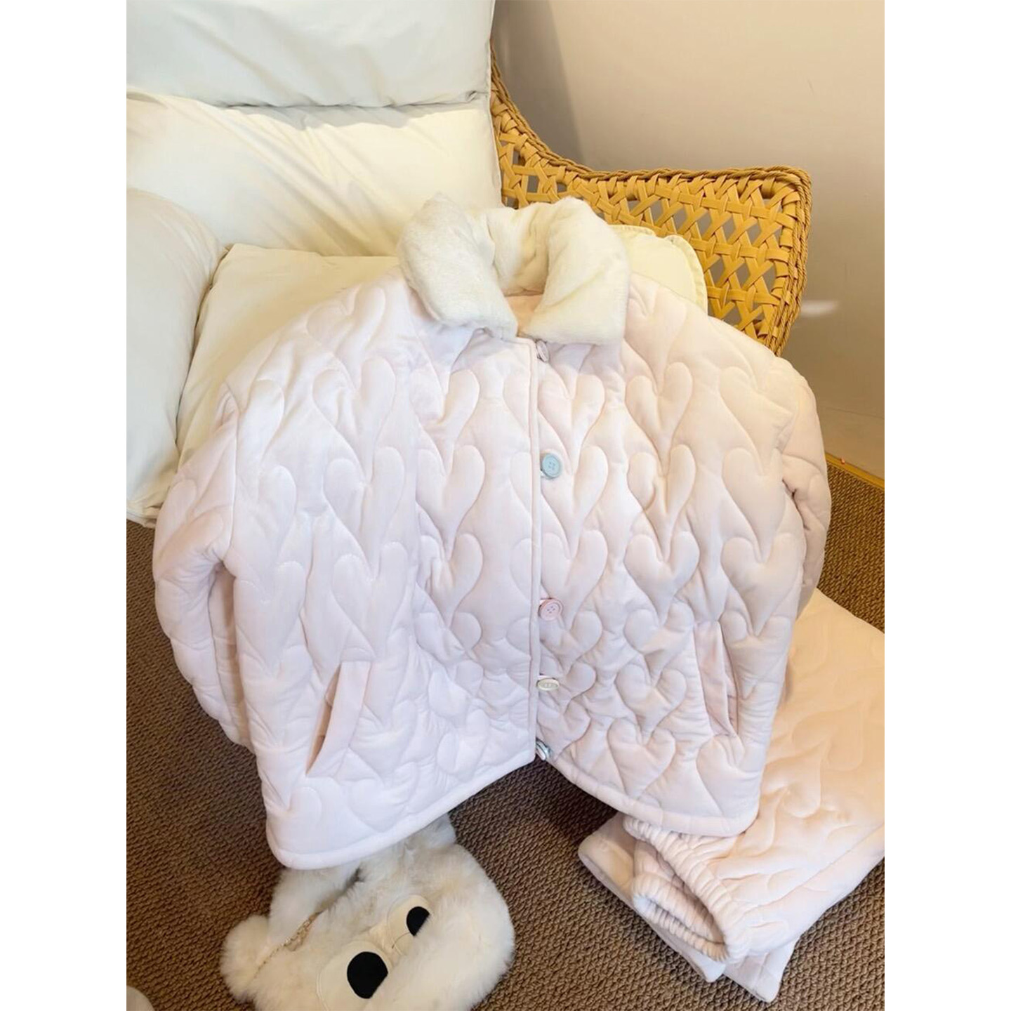 韩系甜美少女粉色夹棉睡衣女2025秋冬新款加厚保暖家居服套装外穿