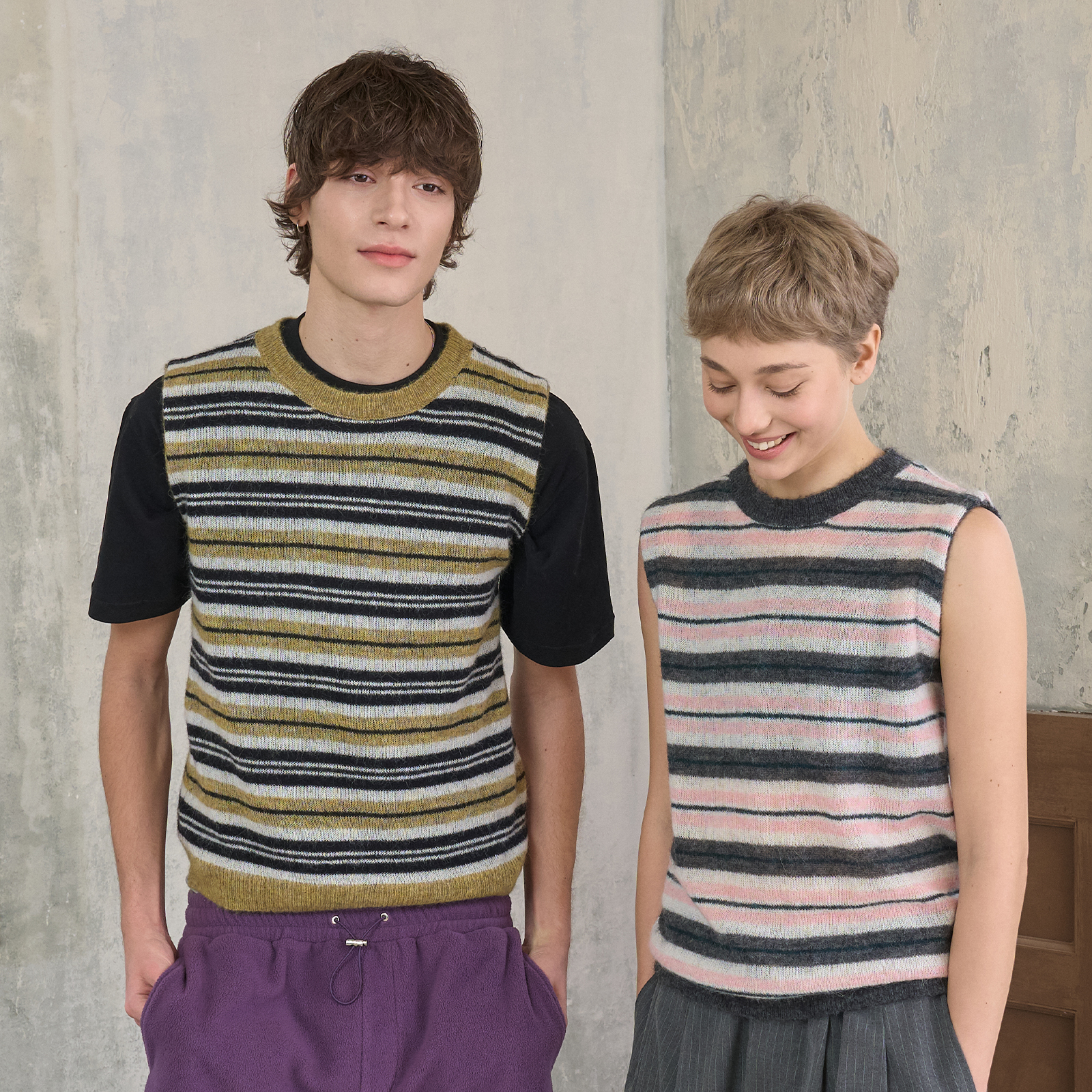 s45双色条纹圆领针织毛衣含30%羊毛休闲背心无袖坎肩马甲