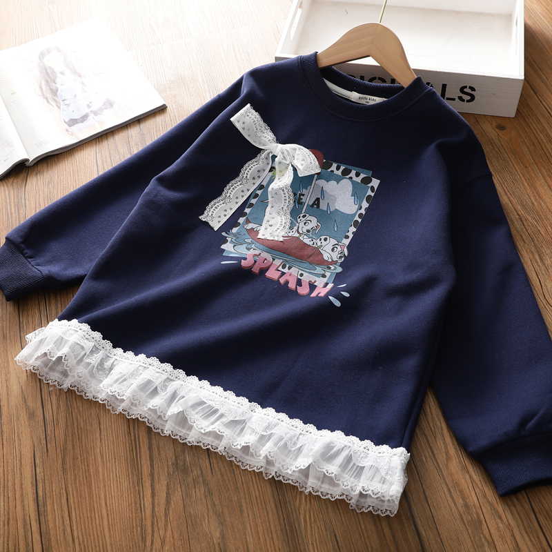 韩版女童中长款秋季卫衣2025新款圆领印花蕾丝边长袖宽松套头上衣