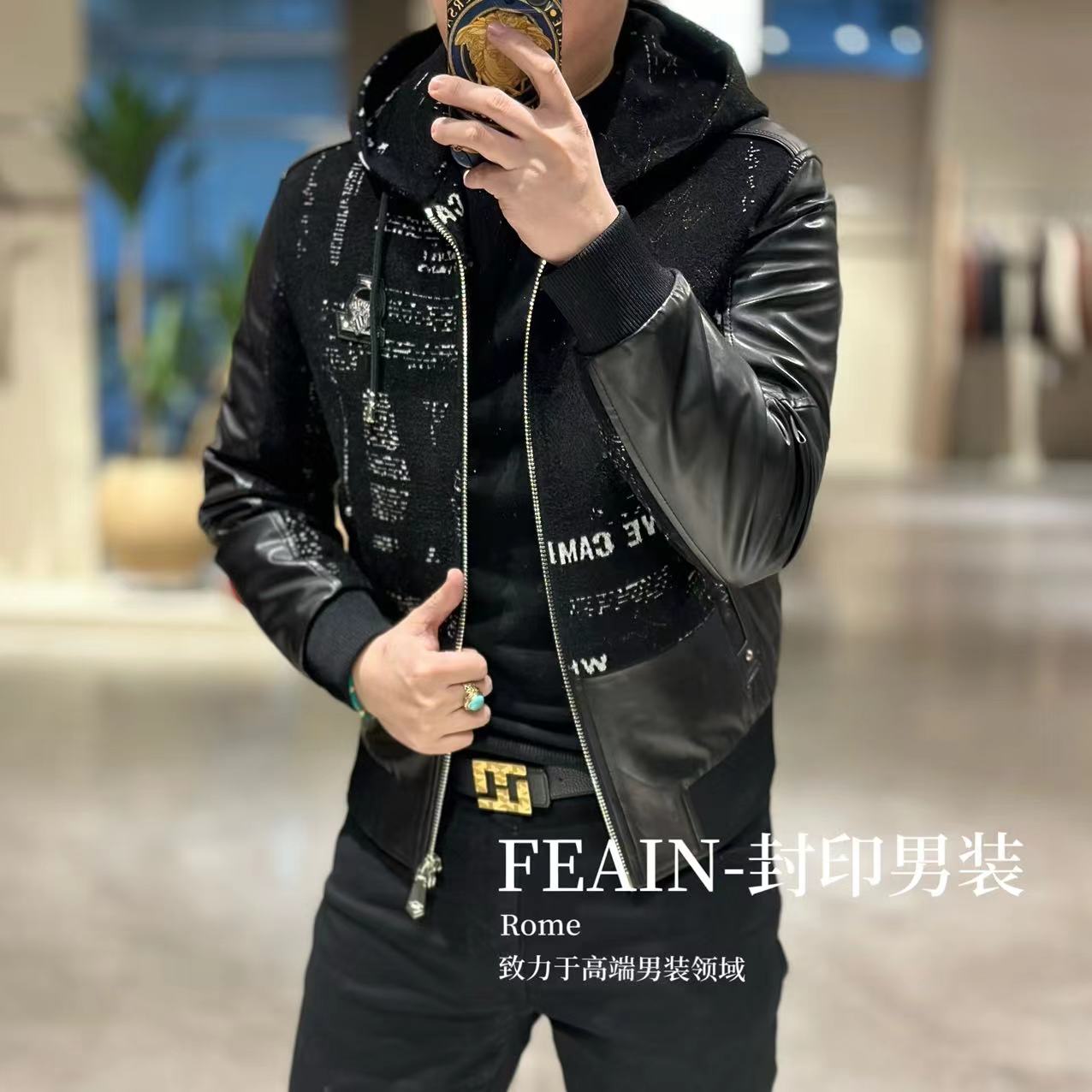 【乔治·雷迪尼】高端重工设计真皮拼接连帽羽绒服25B122