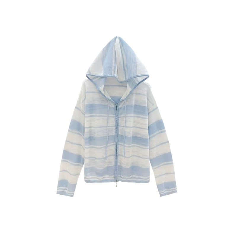 9365韩系宽松连帽拉链条纹长袖外套开衫女夏季新款防晒薄款上衣