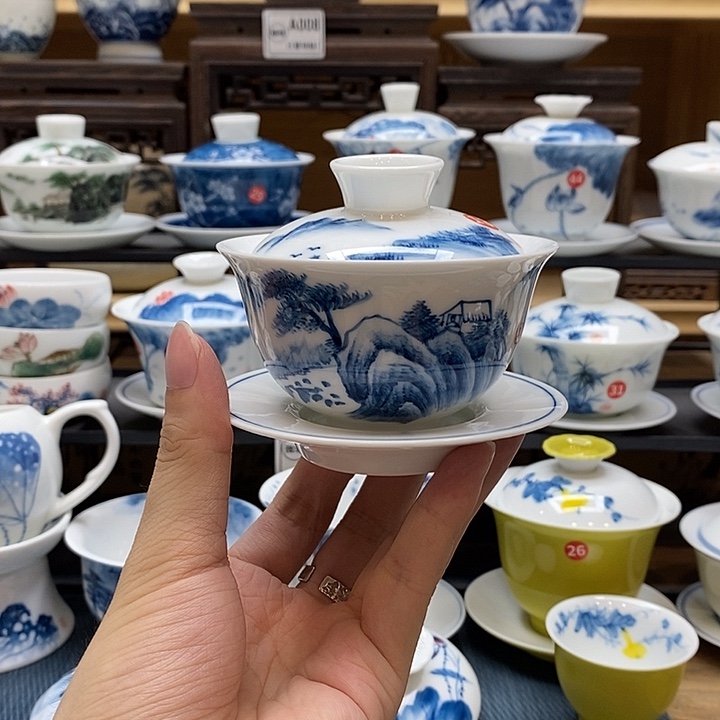 手绘山居图120cc盖碗釉下彩微瑕福利款
