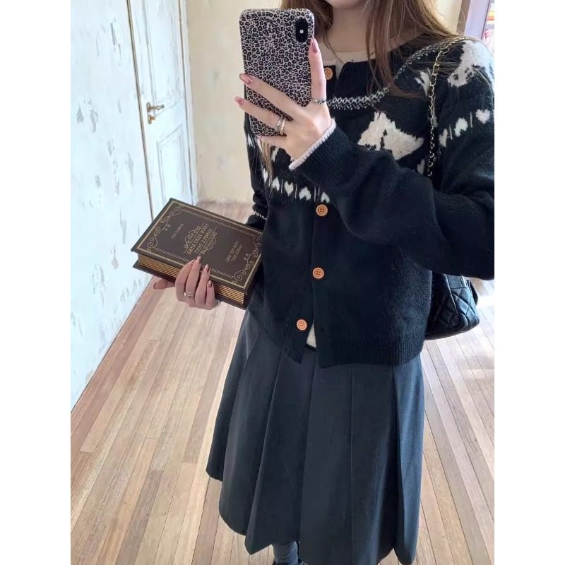 费尔岛小马撞色提花气质减龄长袖针织开衫女冬季甜酷显瘦百搭上衣