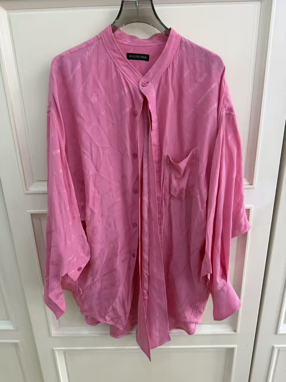 99新 Balenciaga/巴黎世家 粉色真丝暗纹字母系带长袖衬衫34码