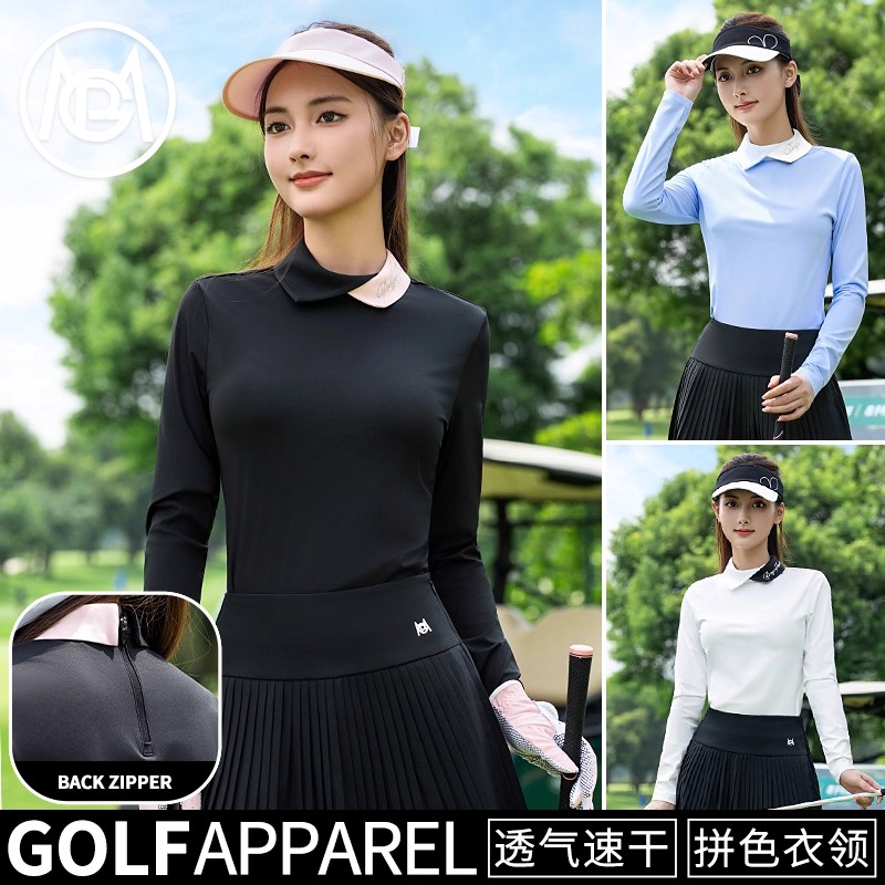 PGM 高尔夫女装2025秋冬新款拼色领长袖女士打底衫服装上衣套装