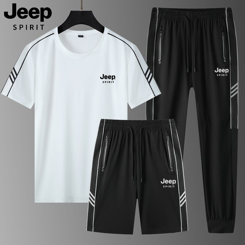 JEEPSPIRIT三件套夏季休闲运动套装男士时尚冰丝短袖短裤长裤速干