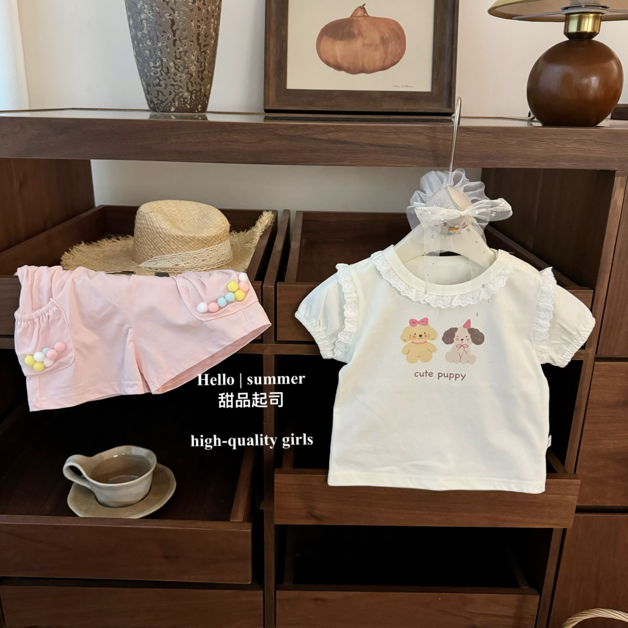 【甜品起司】生日蛋糕熊！韩国童装女宝宝卡通花边T恤粉色球球短裤