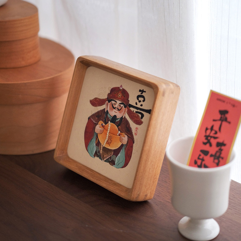 五路财神爷实木摆台2026带照片小相框创意办公室桌面装饰画zb