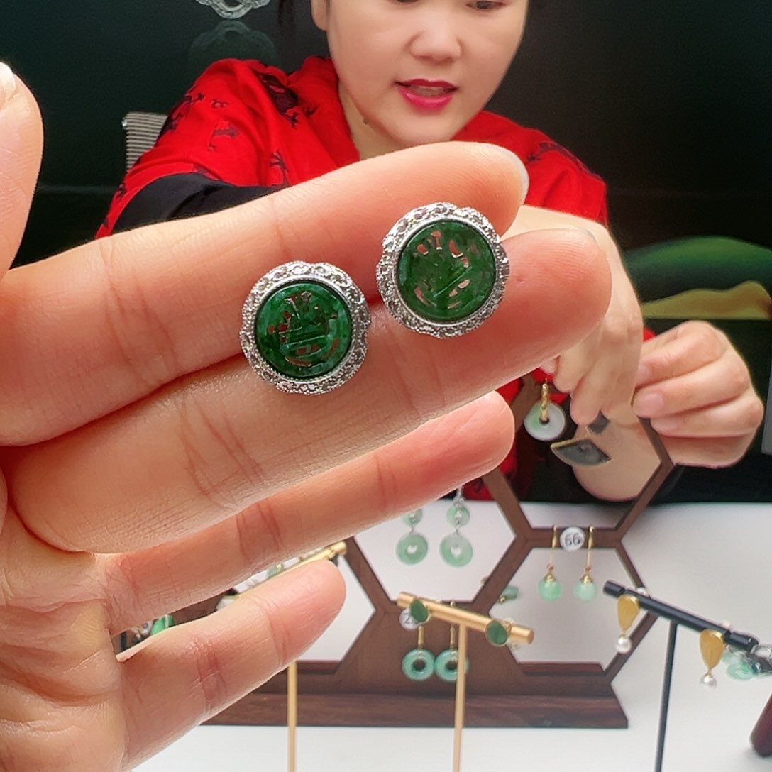 翡翠耳饰银S925镶嵌天然翡翠