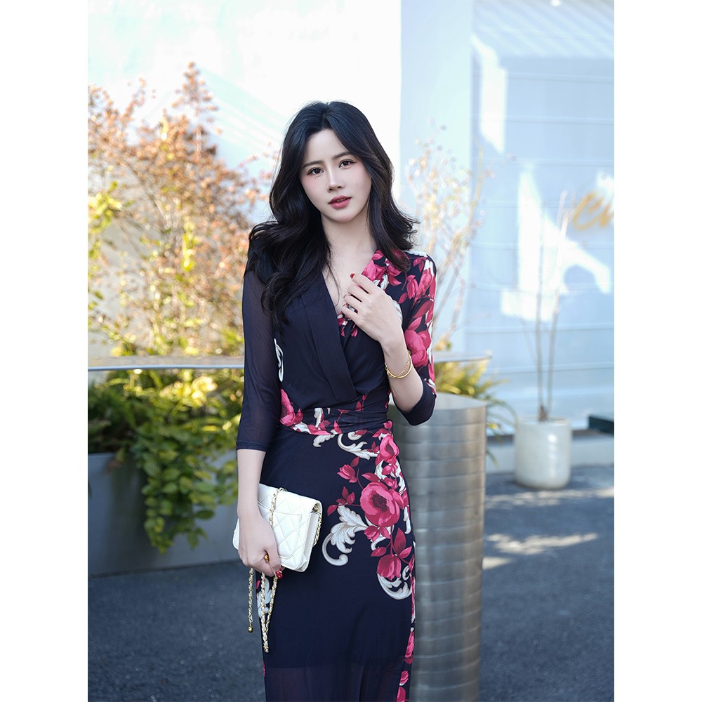 裹身裙古典气质优雅洋气网纱新中式国风黑色连衣裙显瘦夏季修身