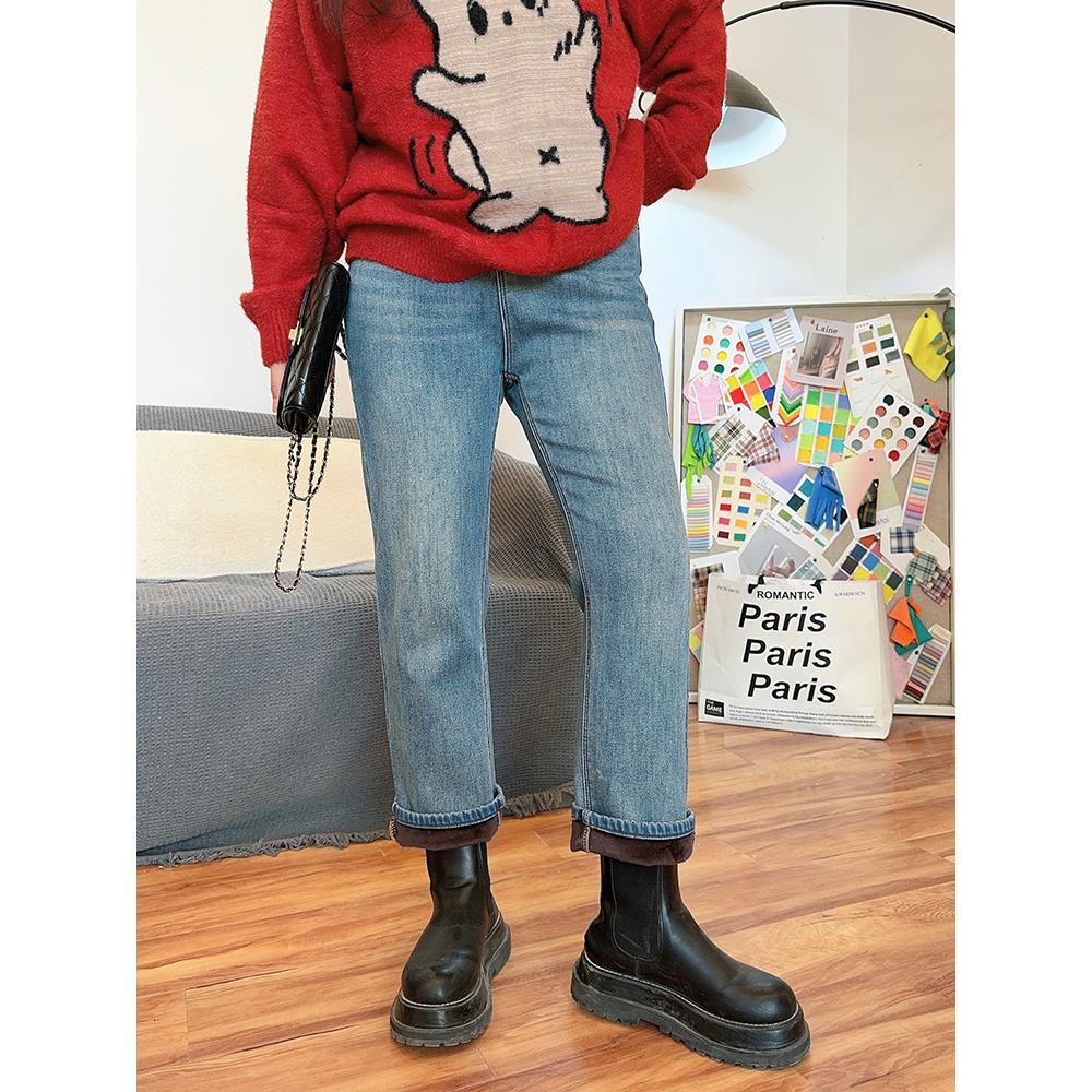 V CX5293 胖mm2024冬季高弹力小直筒法棍加绒牛仔裤显瘦