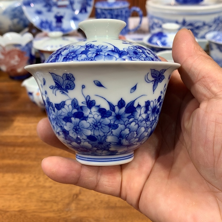 柴窑青花蝶恋花盖碗