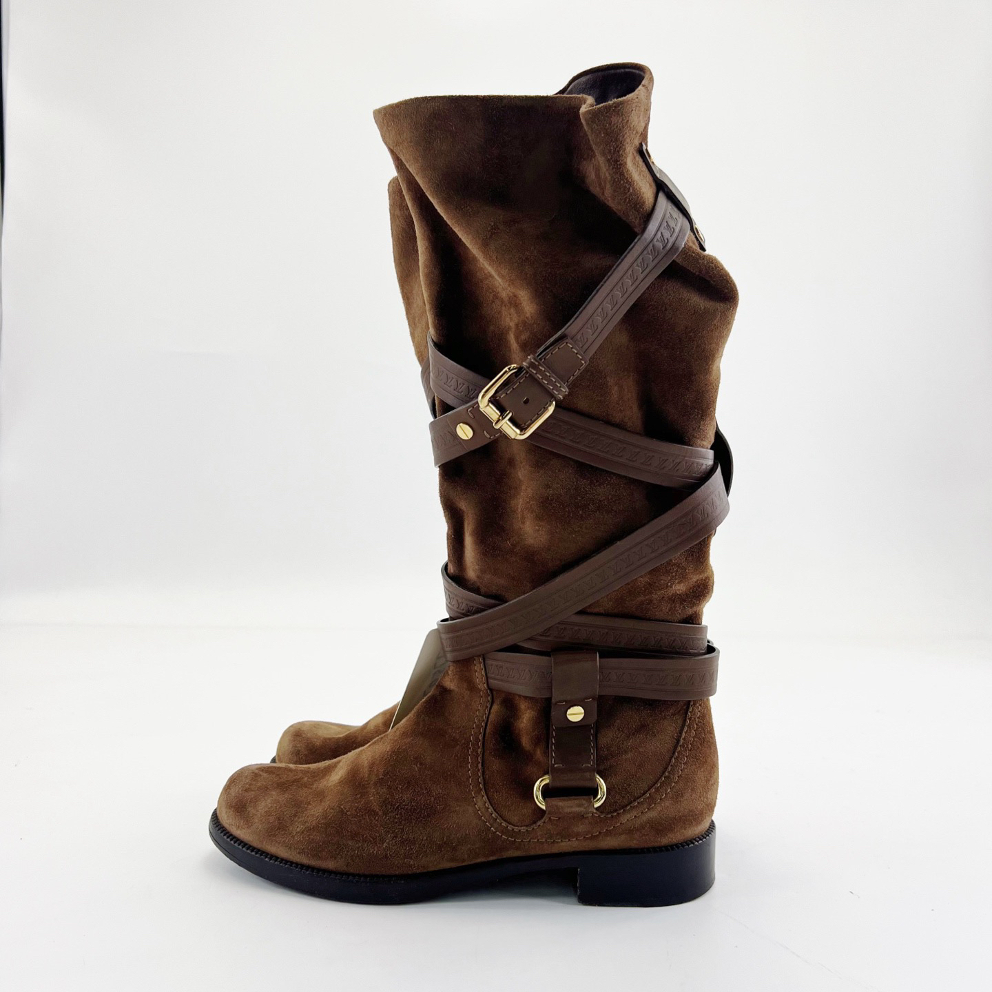 95新 LouisVuitton/路易威登 37码/卡其色做旧扣长筒靴/17750705