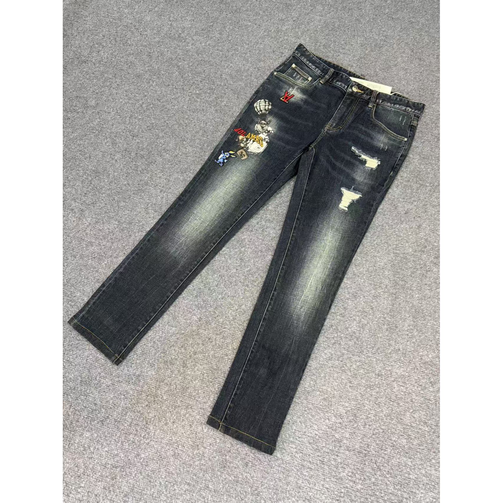 ku668男士潮牌秋季新款印花破洞蓝色个性百搭水洗牛仔裤