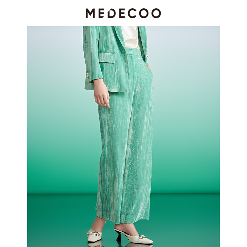 【羊羊专属】MEDECOO/墨蒂珂2025 时尚丝绒提绉直筒休闲长裤C80512