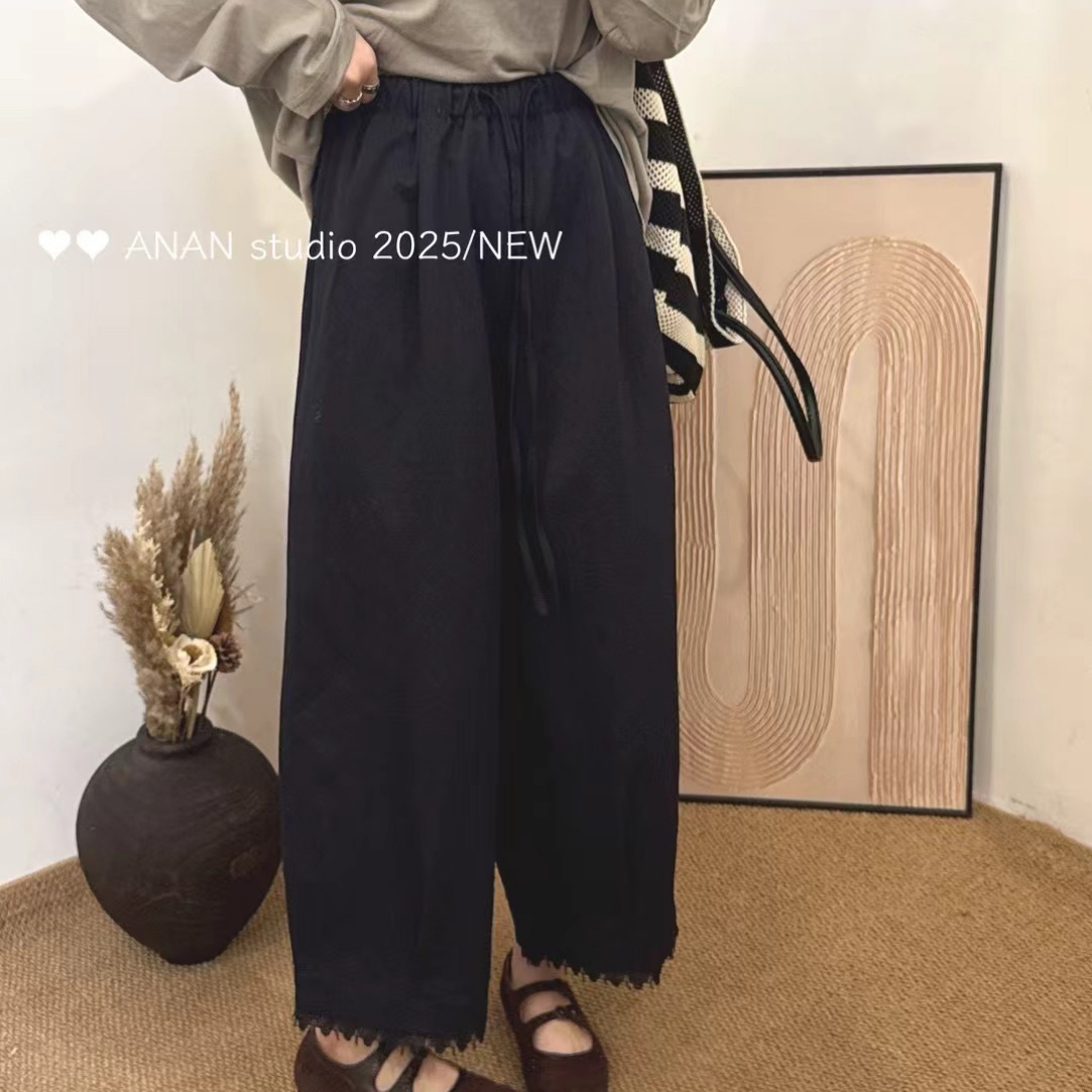 林玲～松紧腰早秋水洗棉九分睫毛裤休闲大版女裤