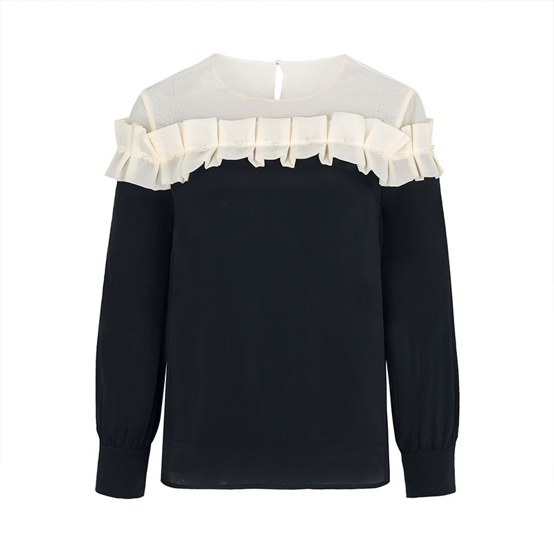 【诗语专属】商场同款新品一字肩压褶花边珍珠上衣N027A33315