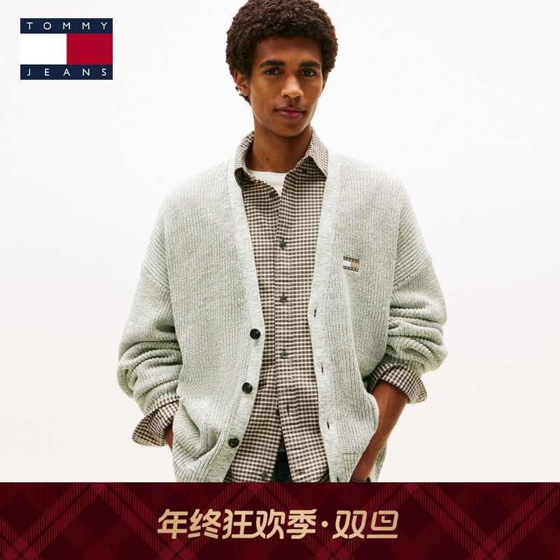 Tommy25新款秋冬男装复古刺绣慵懒风宽松V领针织开衫外套22104