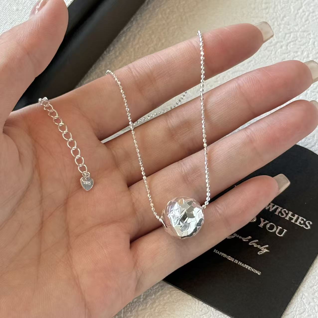 吊坠925银 褶皱碎冰球纯银项链锤纹精致气质小众原创设计日韩简约