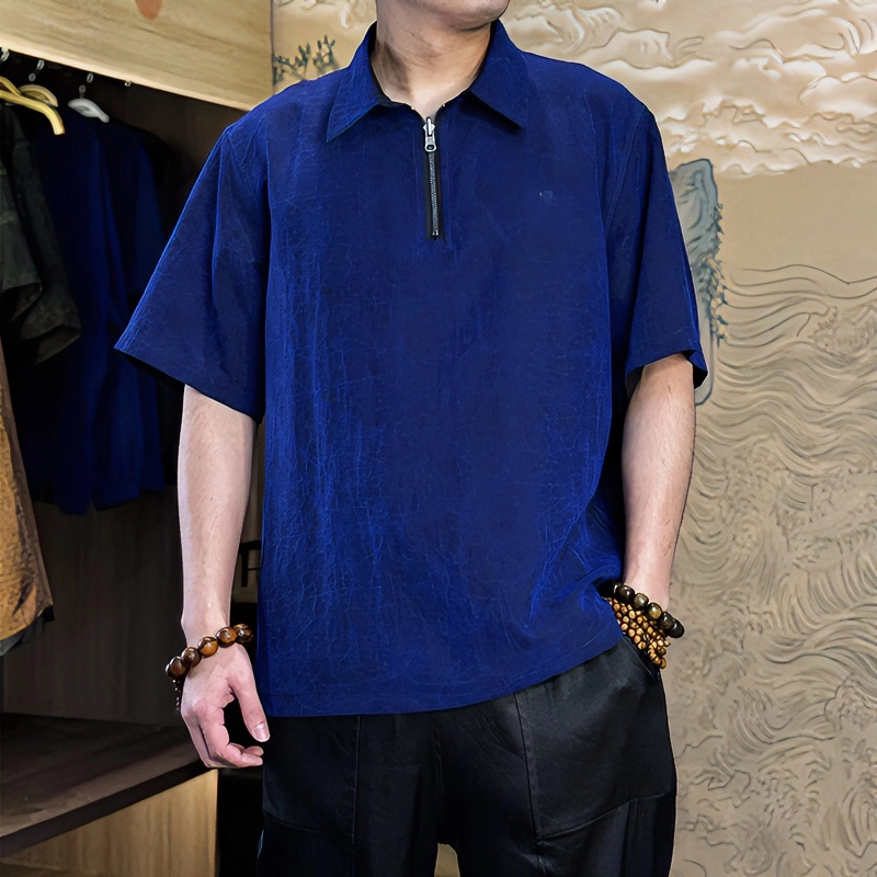 正反两穿香云纱蓝龟POLO衫桑蚕丝上衣短袖时尚休闲夏季