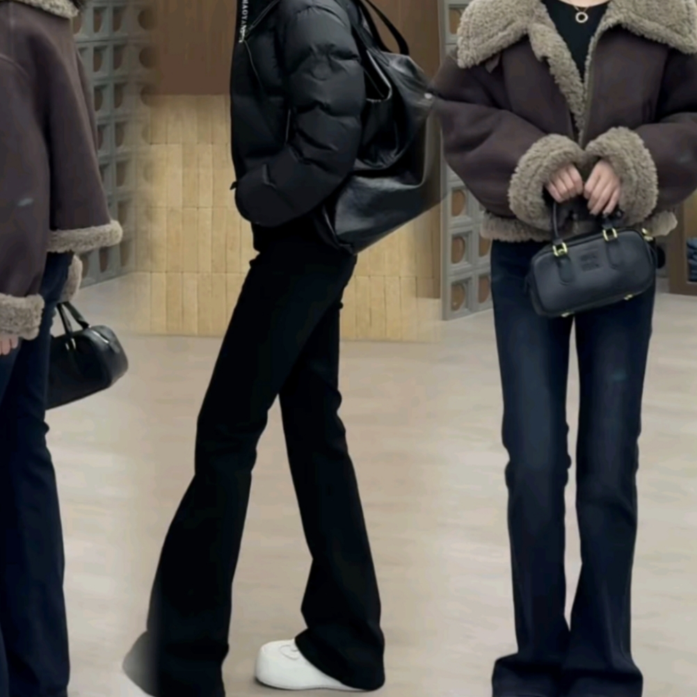 言新牛仔【瑕疵福利】冬季植绒高腰显瘦百搭微喇牛仔裤97C82款