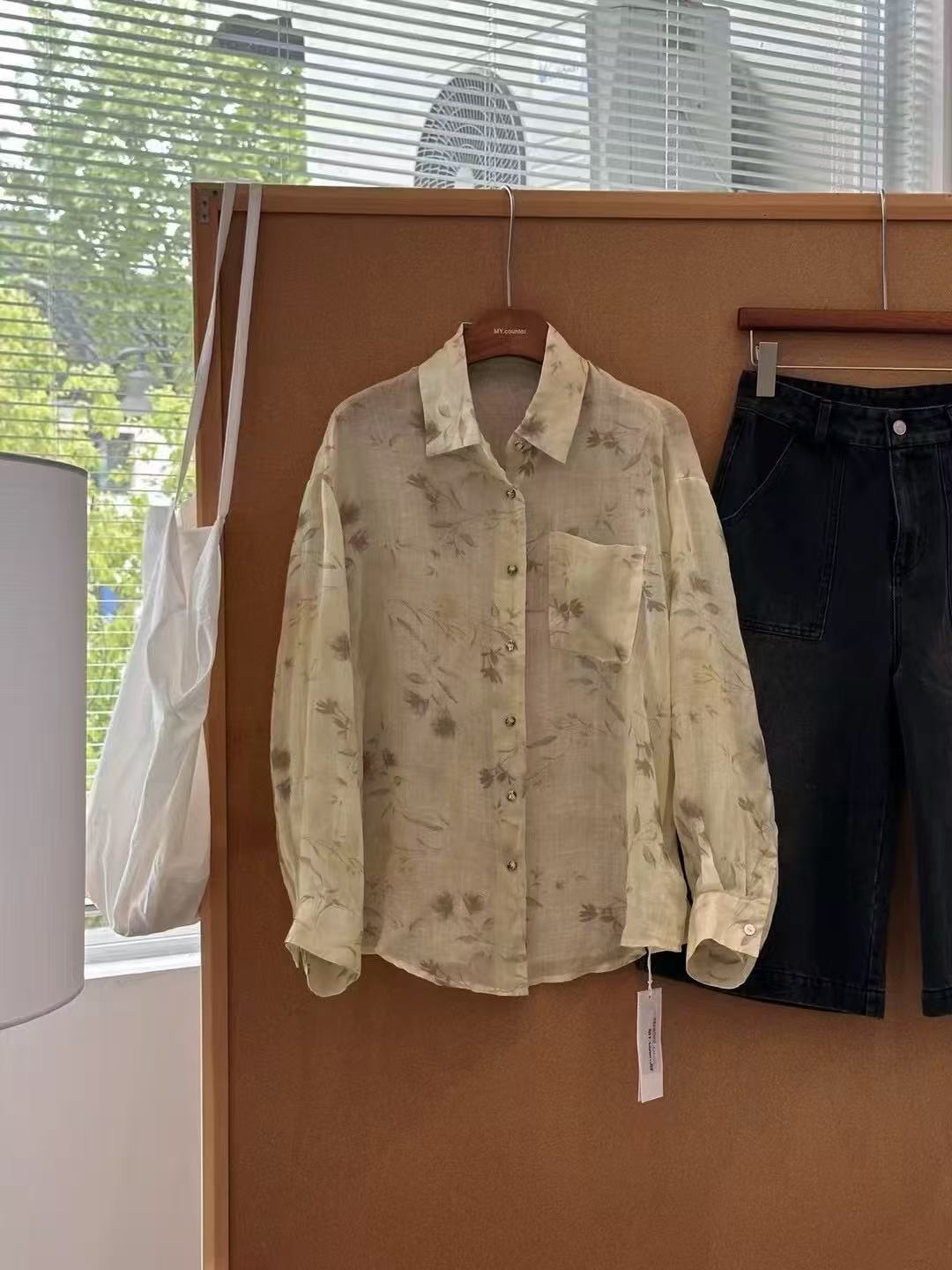 【苎麻黄色】夏新品新中式天丝苎麻植物印花宽松开衫防晒衫衬衫女