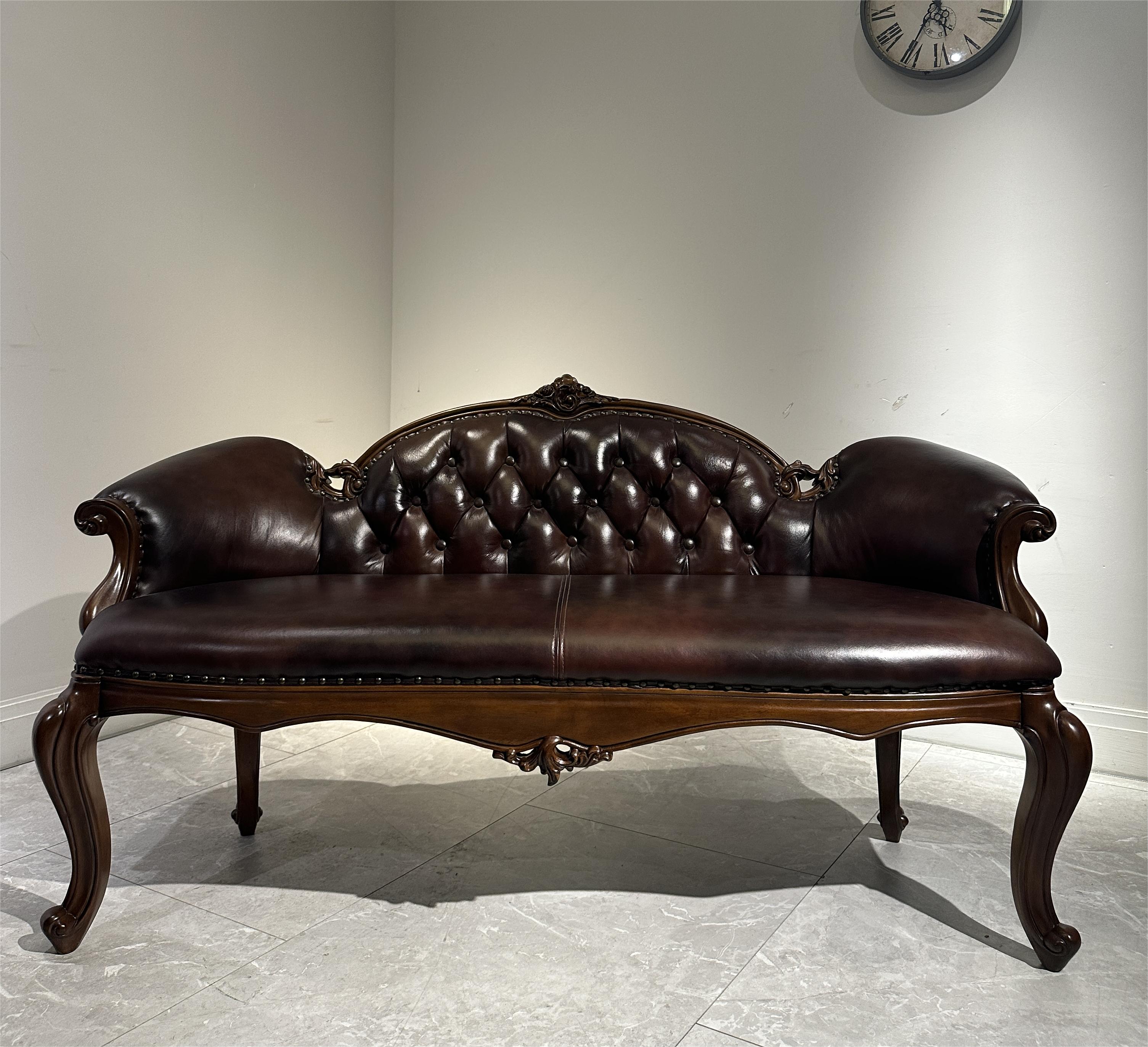 美式复古经典实木头层牛皮床尾凳  长160/宽60/坐高50/总高85cm