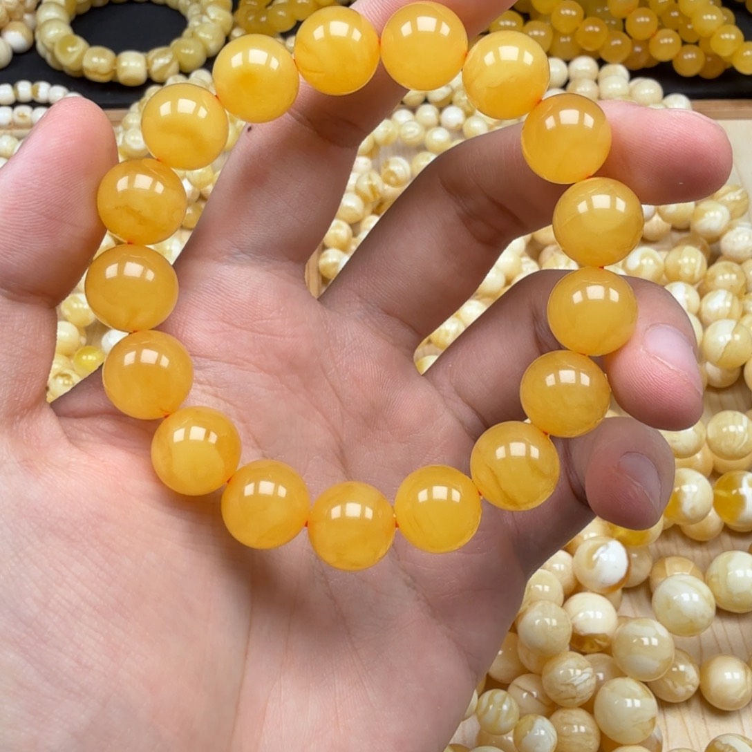 手串蜜蜡未镶嵌12+焦皮料鸡油红圆珠手串