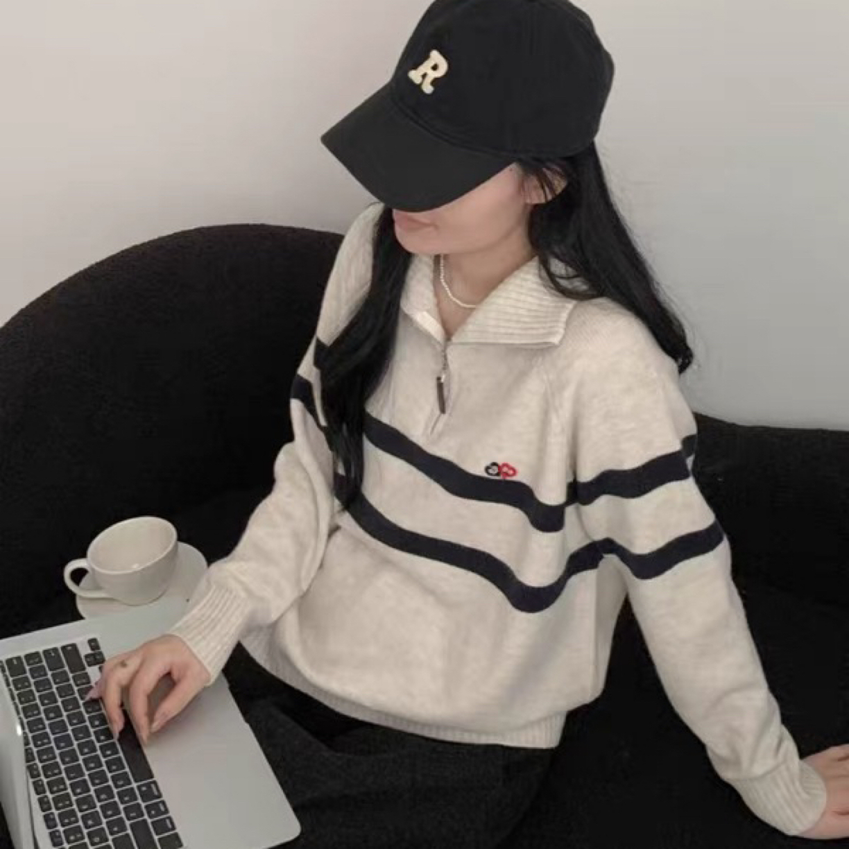 CZ-157撞色条纹高领半拉链毛衣