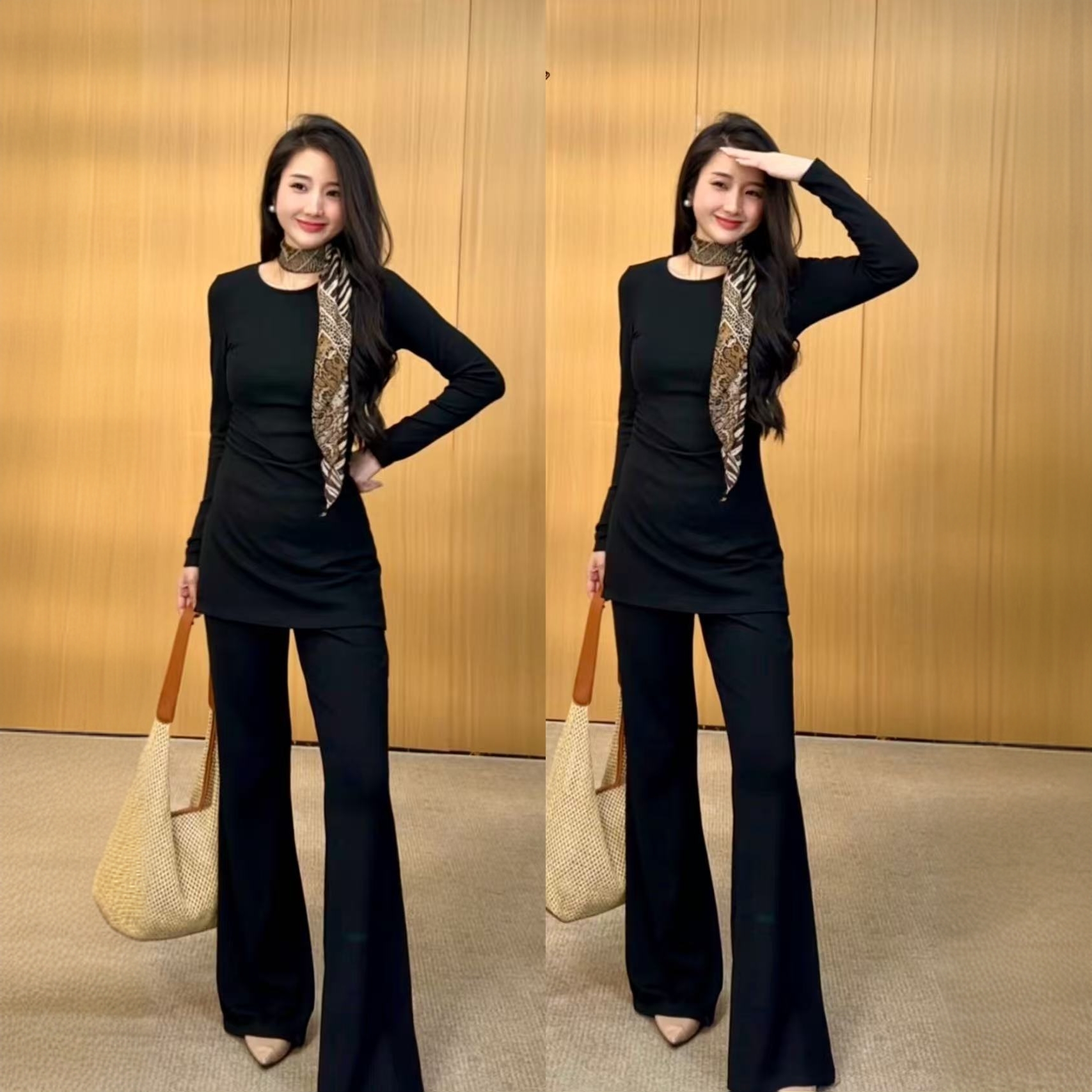 简约纯色修身显瘦长袖上衣早秋新款百搭微喇叭裤辣妹套装3372#