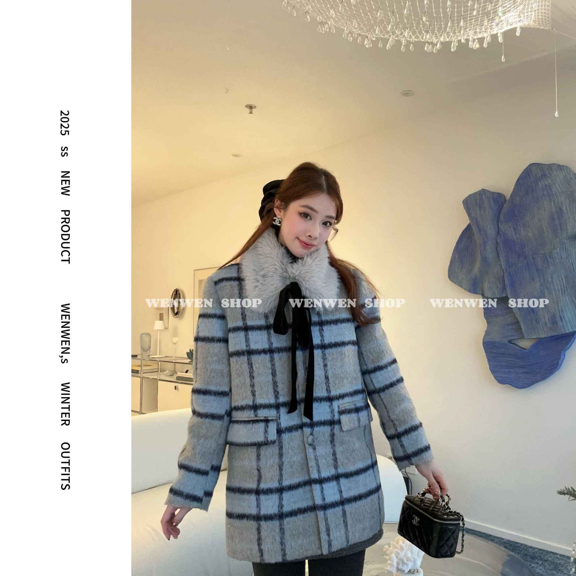 【小闻定制】冬季新款韩系设计感毛毛领加厚格纹羽绒外套2580154