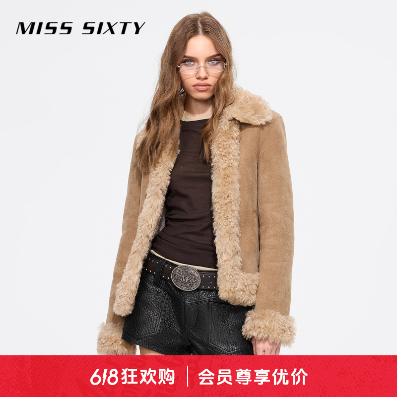 Miss Sixty冬季新款外套女复合麂皮复古仿羊羔毛翻领美拉德