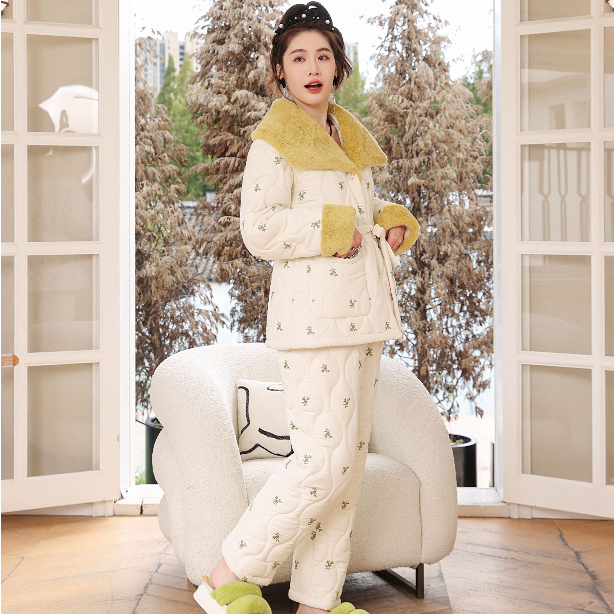 2025新款三层加棉加厚夹棉女款睡衣睡袍套装清新可外穿家居服