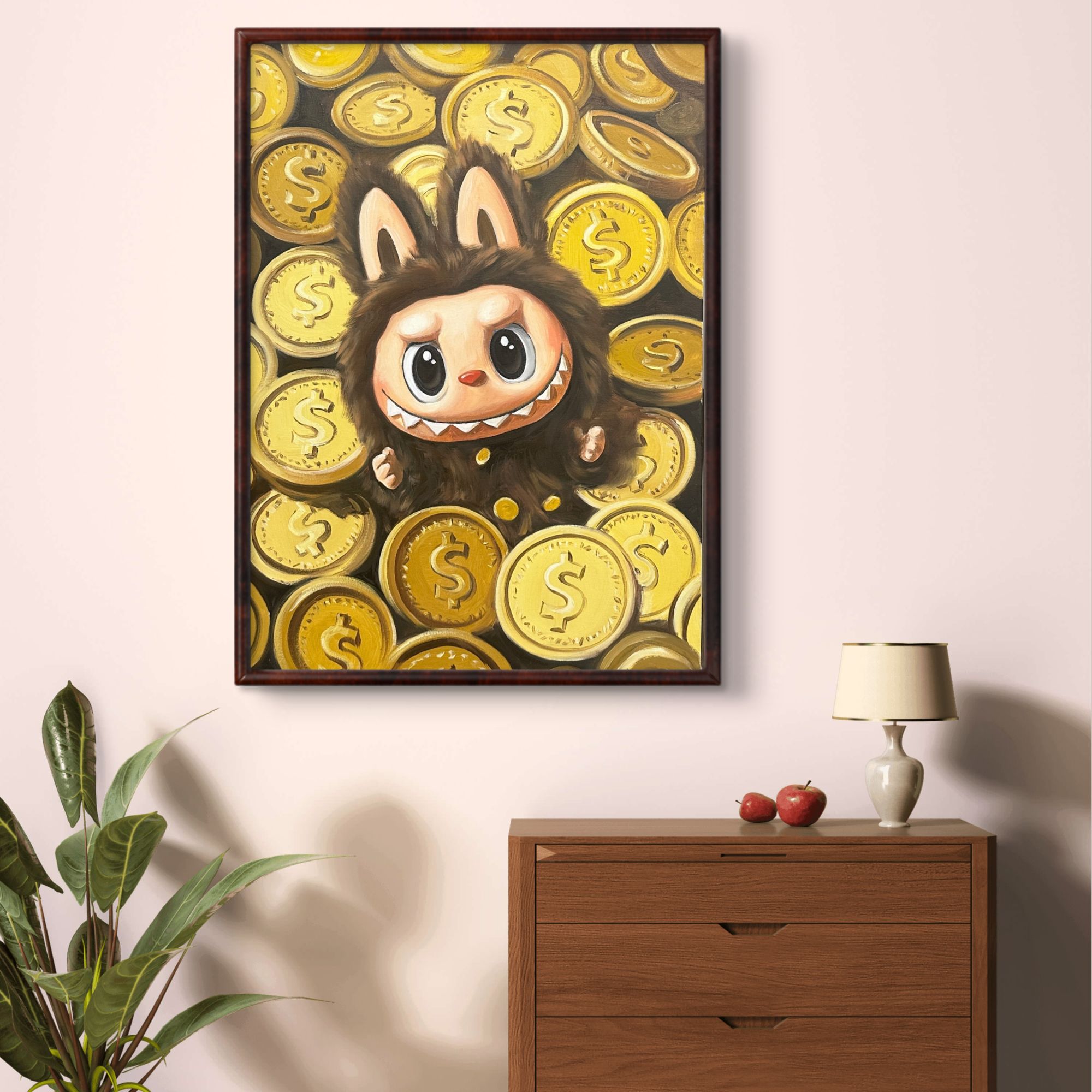 纯手绘油画小尺寸【来财】卡通潮玩风装饰画客厅玄关走廊挂画壁画