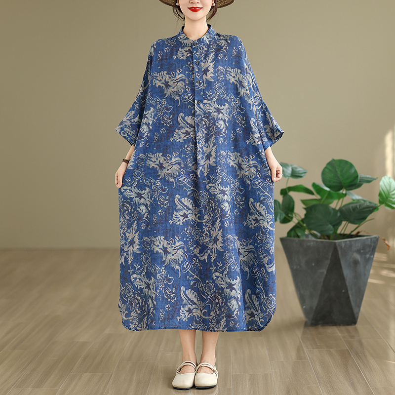 文艺风Polo领印染立领开衫长款连衣裙女装秋季大码宽松减龄连衣裙