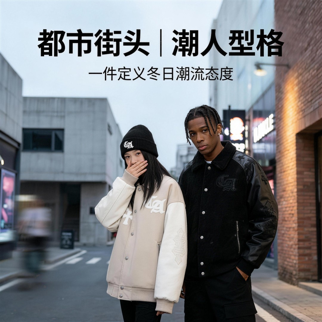 十字克罗心哥特夹克外套加绒加厚棒球服男女款轻奢抗寒保暖男士