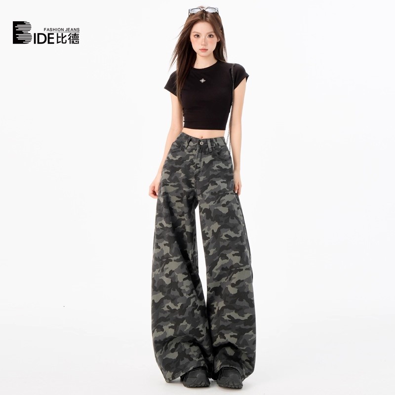 美式复古迷彩阔腿牛仔裤女春夏季新款高腰宽松显瘦直筒拖地工装裤