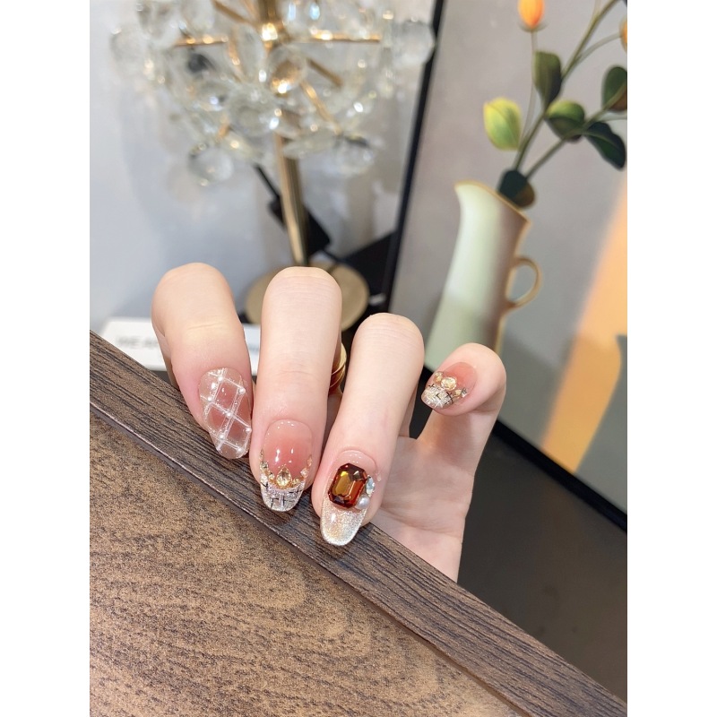 【富贵迷人眼】纯手工穿戴甲 显白牢固高级带钻珍珠猫眼美甲 B