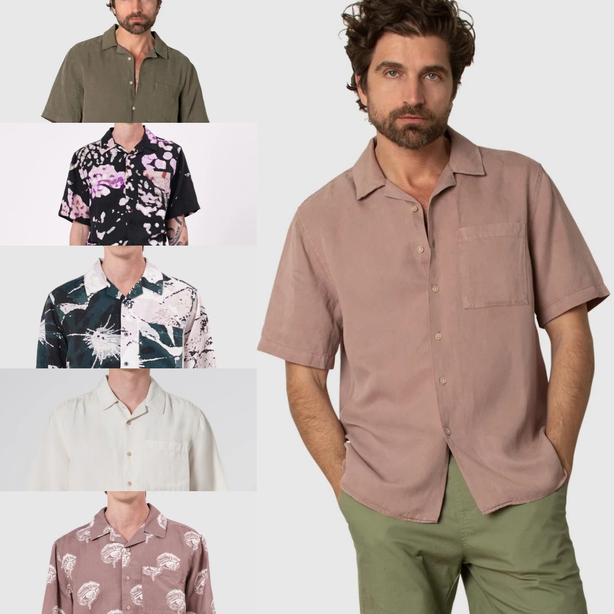 高端外贸麻+天丝男士夏季古巴领短袖休闲衬衫印花透气衬衫6583