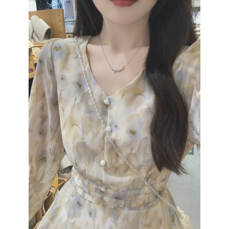 苏陌女装连衣裙秋季碎花气质中长裙时尚法式小众收腰复古长袖裙子