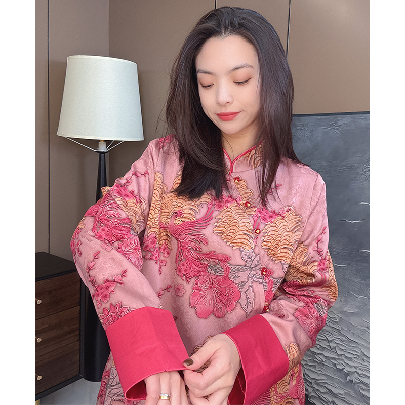 欧韩童话2025新款国风复古立领斜襟盘扣印染提花新中式上衣6752