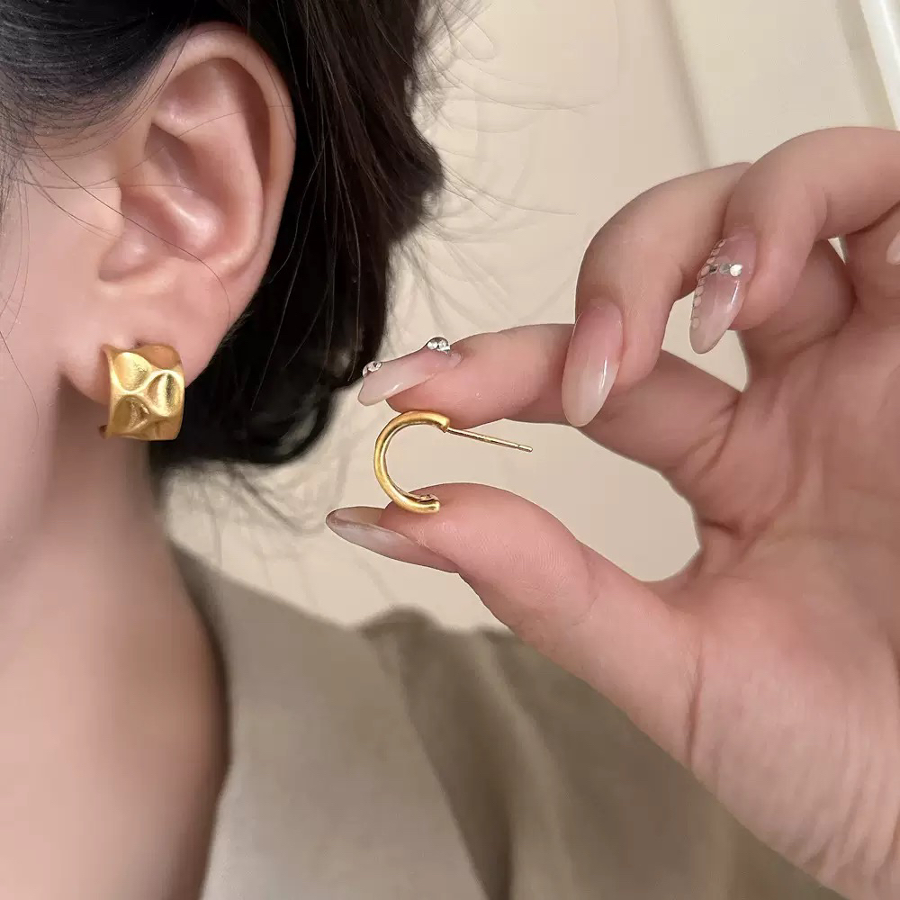铜合金耳饰 925银针几何C型圈哑光拉丝高级感小众设计百搭耳环