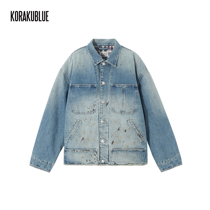 「男女同款」蓝布屋泼漆水洗做旧四口袋铁道牛仔棉服外套TKBLCOT605