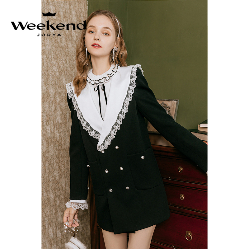 卓雅周末秋季新款通勤蕾丝绣花翻领双排扣西装外套女EJWCCU34